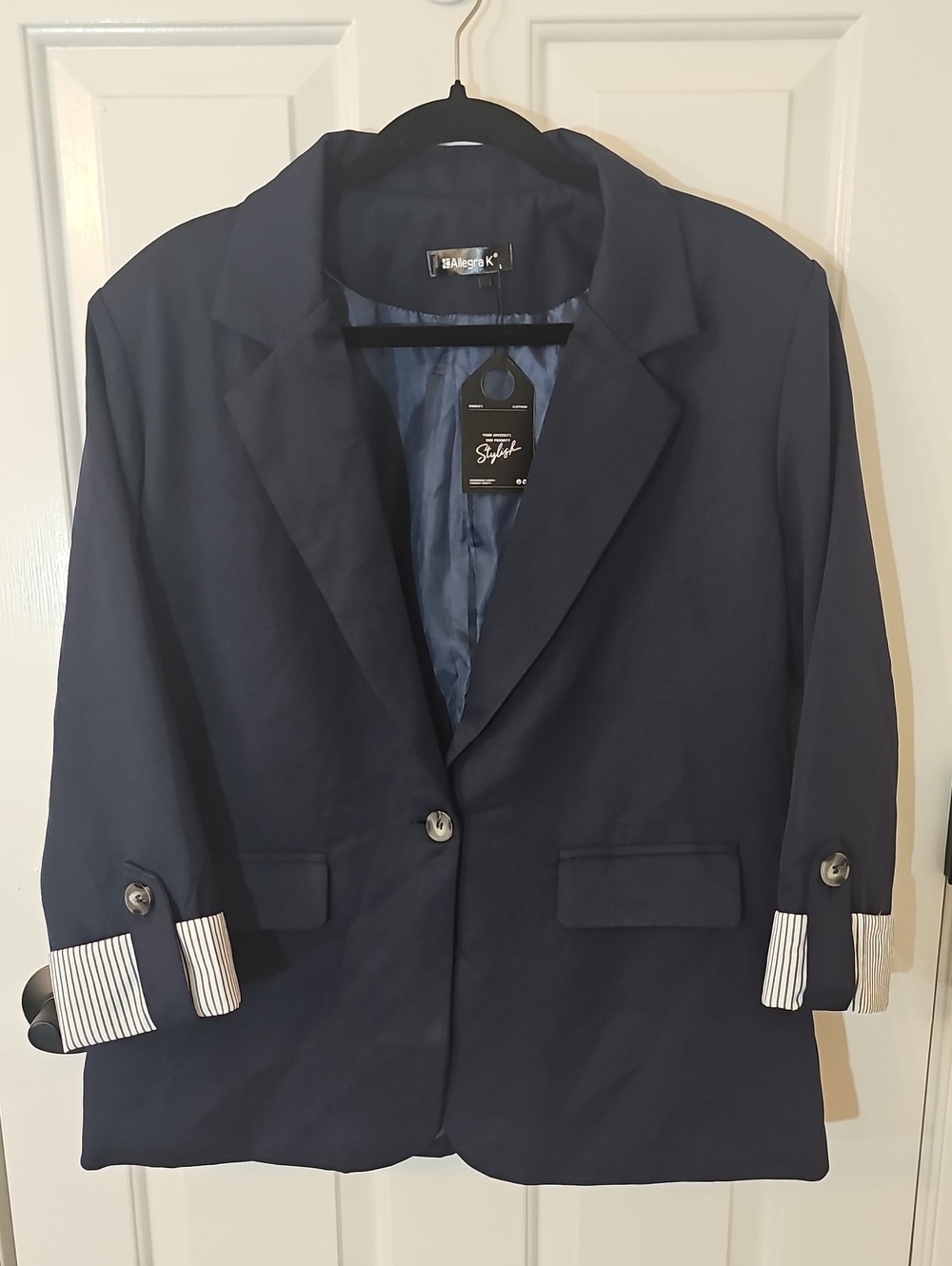 Allegra K Navy Blue Blazer Large NWT Striped Cuff 3/4 Sleeve